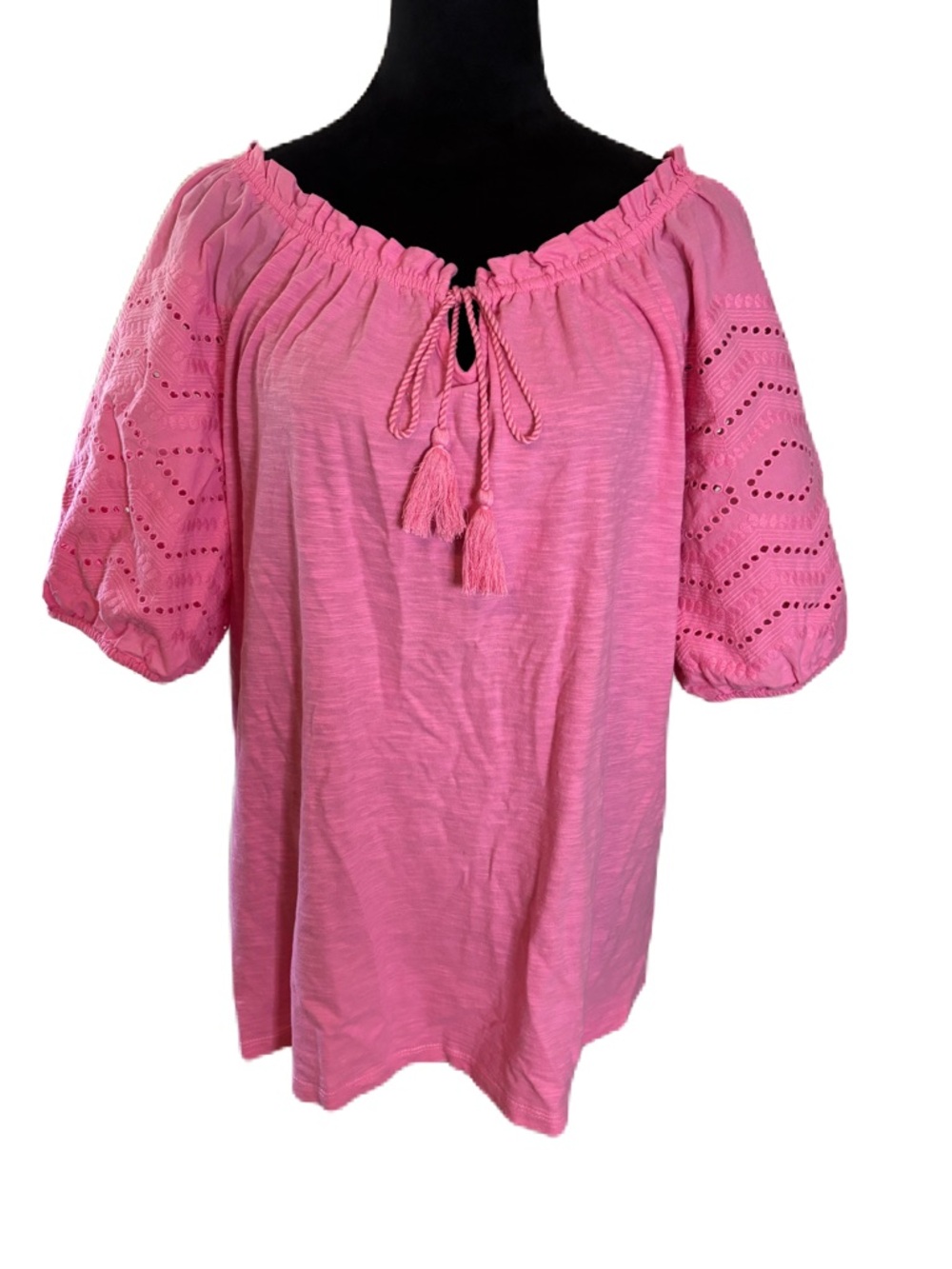 Style & Co. Pink Off-Shoulder Tassel Eyelet Sleeve Tunic Top
